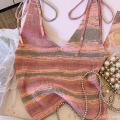 Stripe Tie Dye Lace Up Tank Top Casual Sleeveless Tank Top