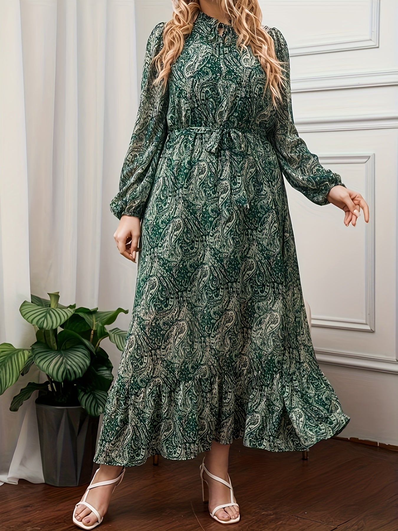 Paisley Print Lantern Sleeve Maxi Smock Dress