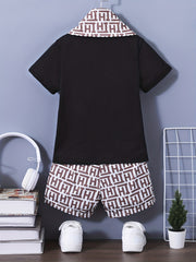 3pcs Boys Casual Short Sleeve T shirt & Shorts & Scarf Set Summer Kids Clothes