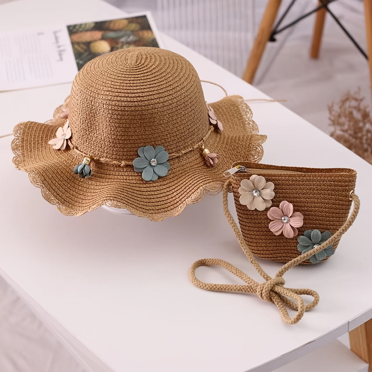 Girls Flowers Lace Trim Sun Straw Hat & Bag Set for Summer