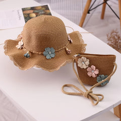 Girls Flowers Lace Trim Sun Straw Hat & Bag Set for Summer
