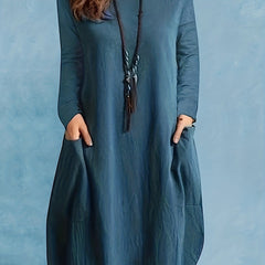 Solid Long Sleeve Round Neck Dress With Pockets