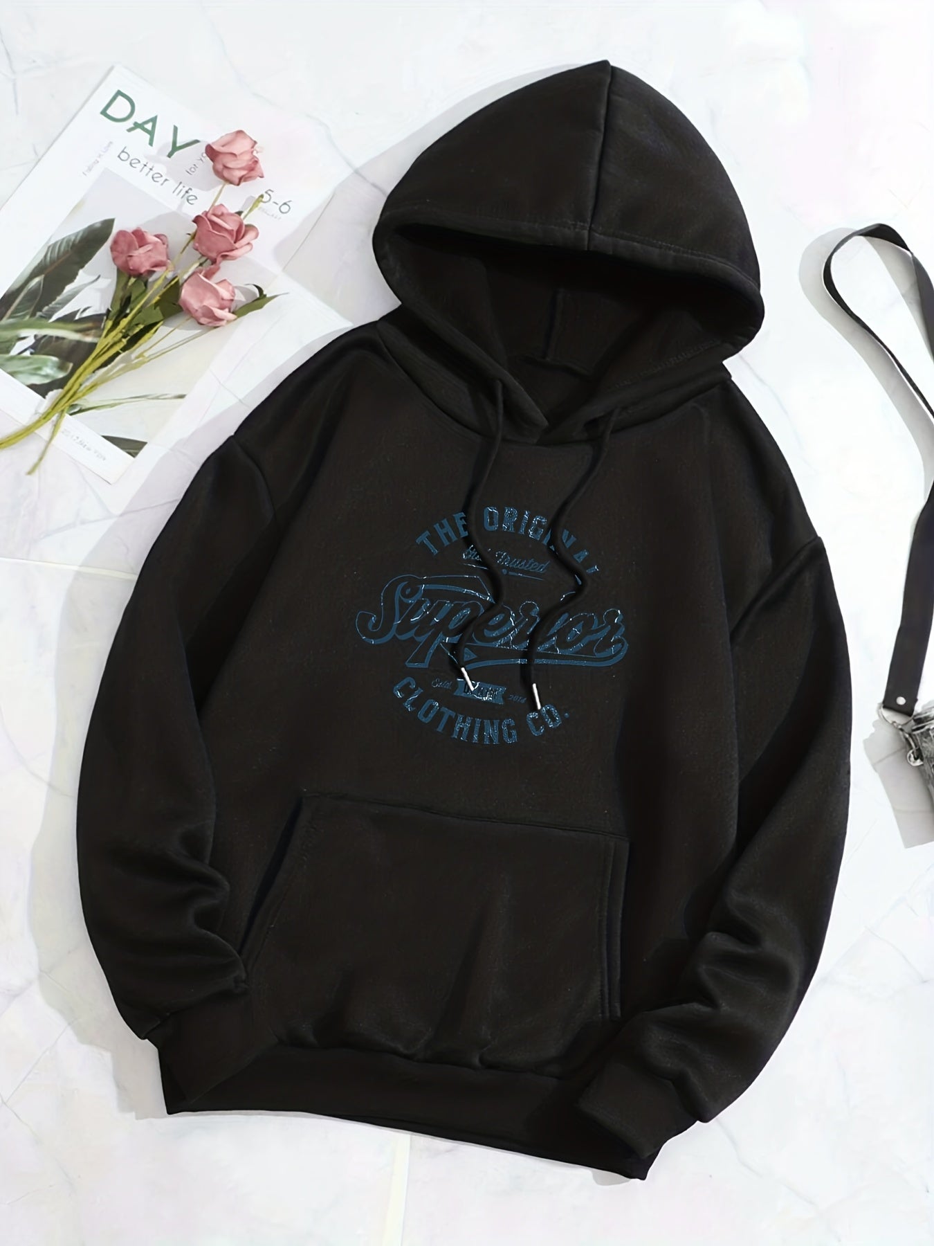 Casual Letter Print Pocket Hoodie Retro Hooded Drawstring Loose Sweatshirt