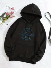 Casual Letter Print Pocket Hoodie Retro Hooded Drawstring Loose Sweatshirt