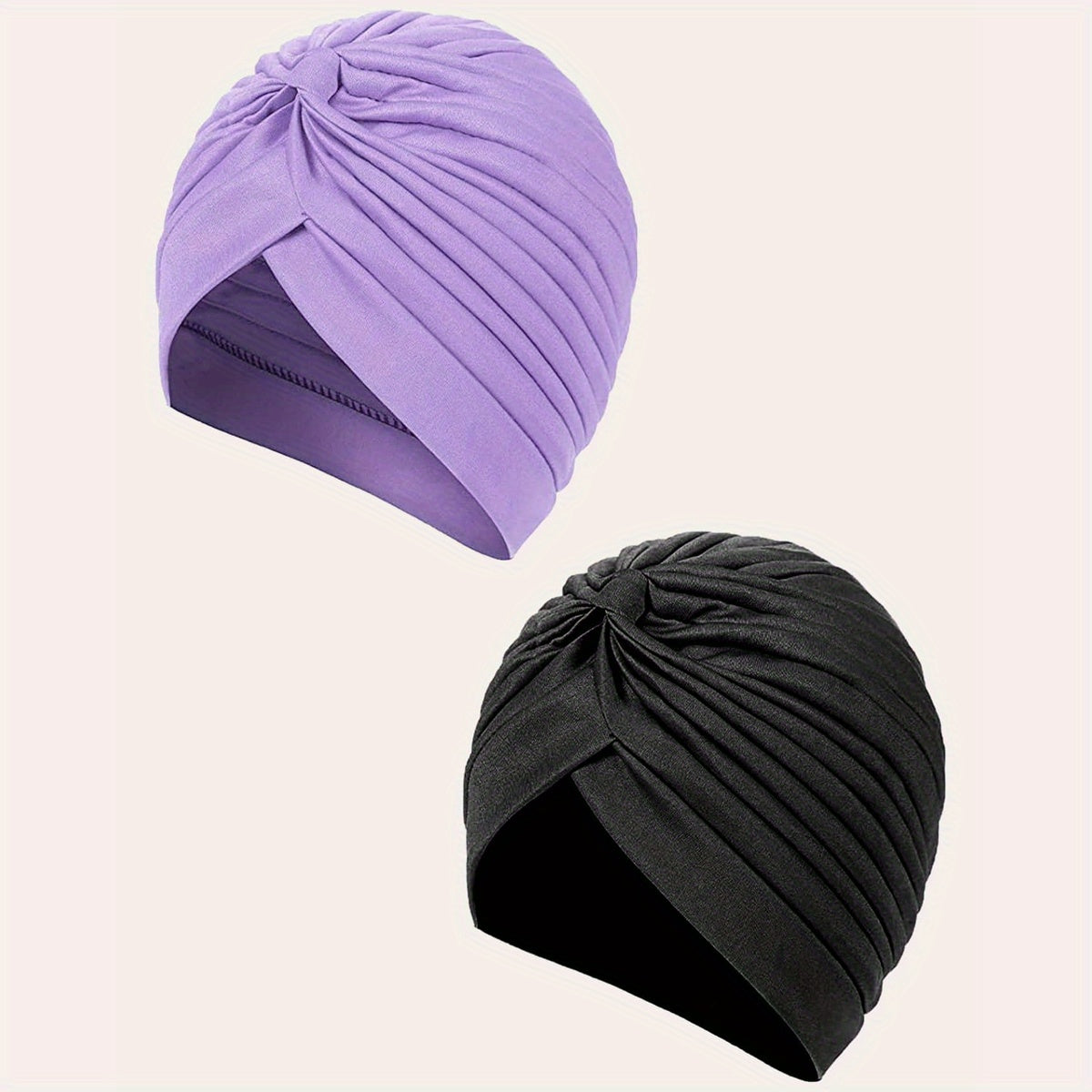 2pcs Purple & Turban Cap BowKnot Pleated Head Wraps Elastic Ramadan Head Scarf