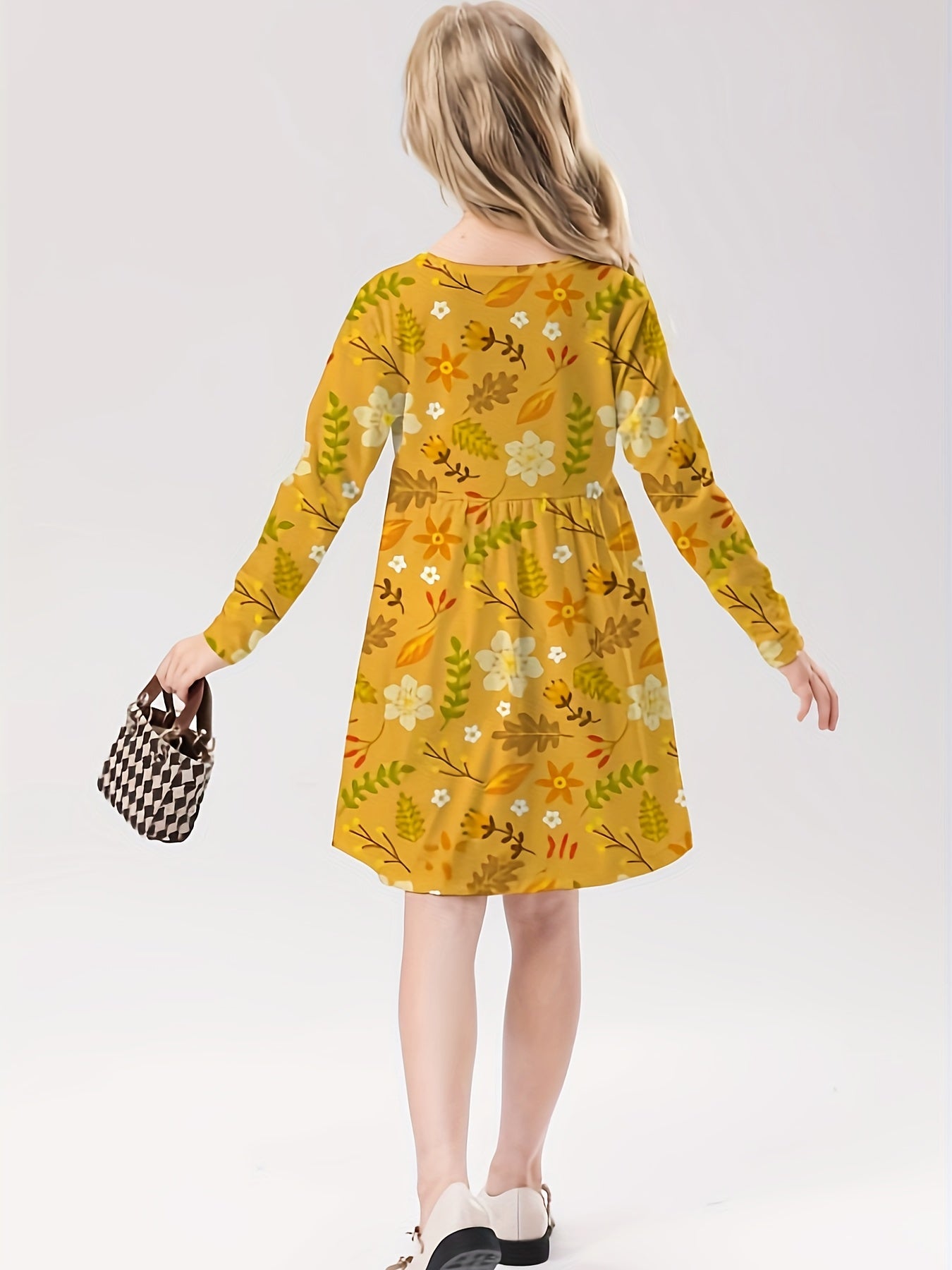 Girls Floral Long Sleeve Dress for Spring Fall