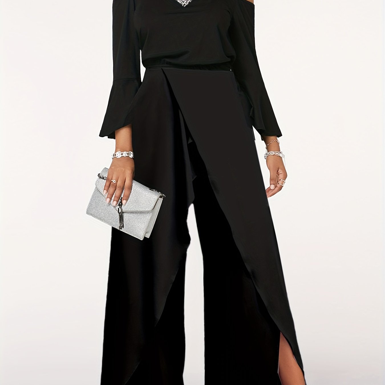 Sexy Split Wide Leg Jumpsuit Cold Shoulder High Waist
