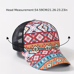 Vintage Ponytail Trucker Hat Boho Geometric Print Baseball Cap