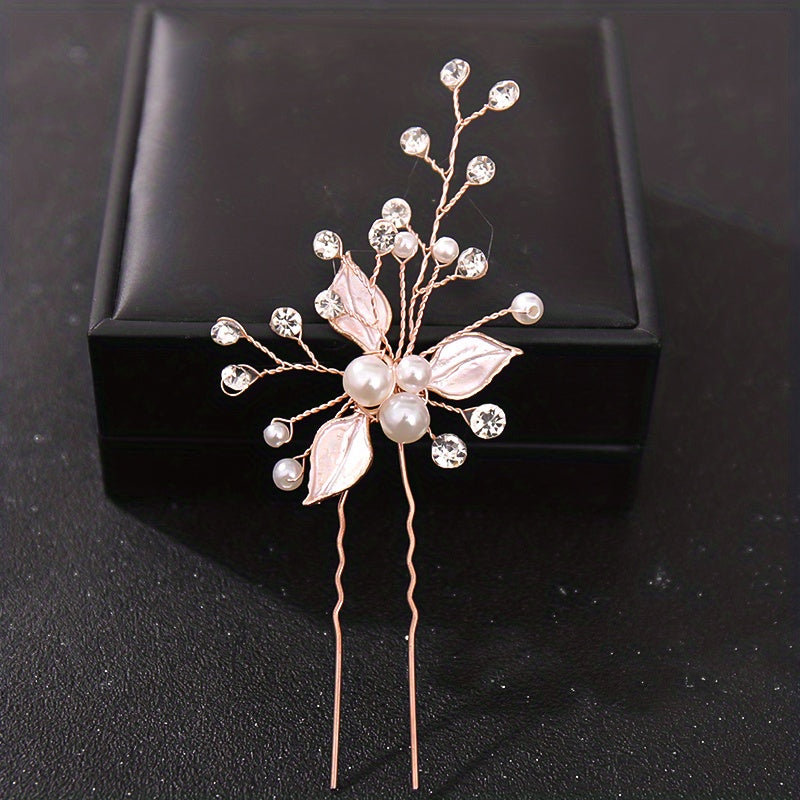 Crystal Faux Pearl Leaf Hair Pins Clips for Women Bride Hair Jewelry Wedding