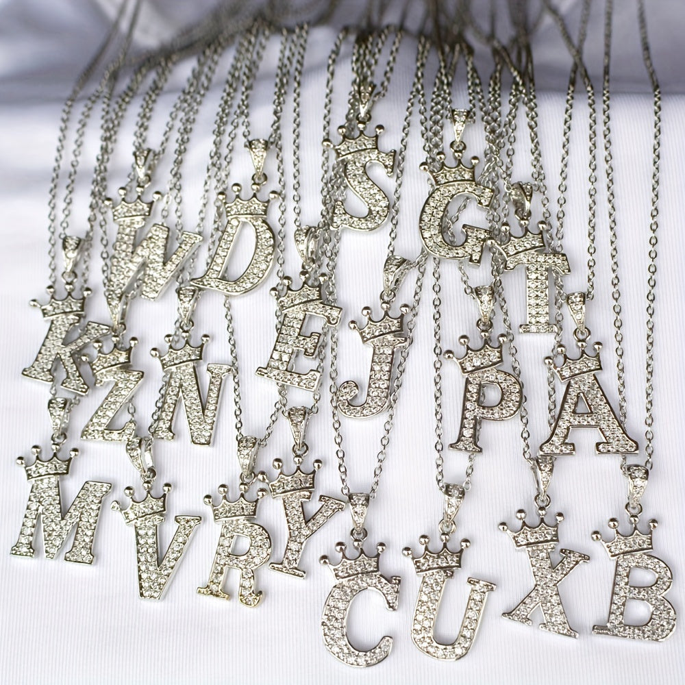 Zircon Crown Letter Necklace Pendant in Golden Plated Copper Chain