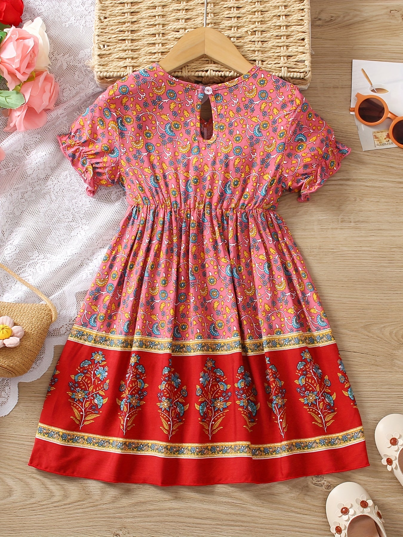 Girls Ruched V neck Short Sleeve Vintage Dress For Party Vacation Outfit
