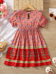 Girls Ruched V neck Short Sleeve Vintage Dress For Party Vacation Outfit