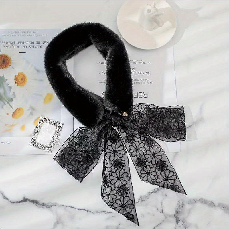 Rabbit Fur Neck Scarf Lace Small Scarf Bow Tie Solid Warm For Women