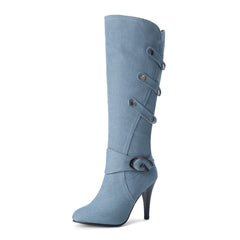 Women's Denim Heeled Long Boots Canvas Knee High Boots