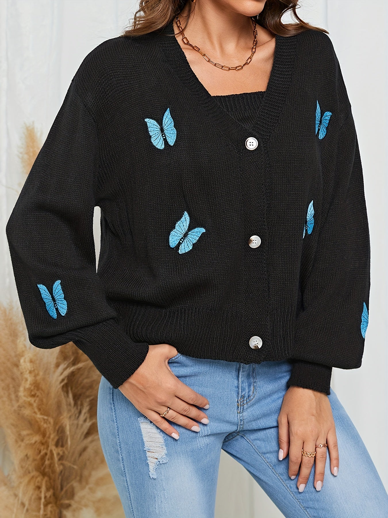 Butterfly Print Knit Two Piece Set Cami Top & Cardigan