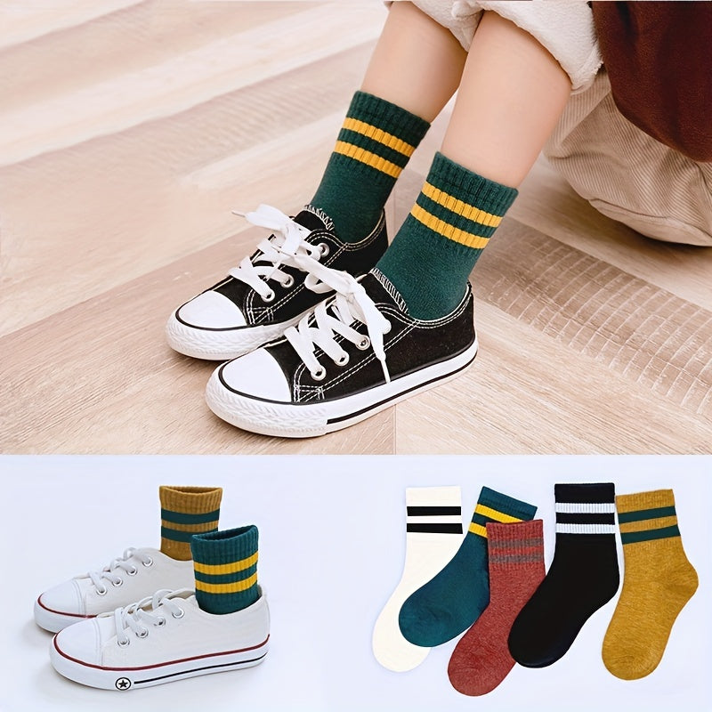 5 Pairs Girls Kids Breathable Comfy Sport Socks Striped Students Socks