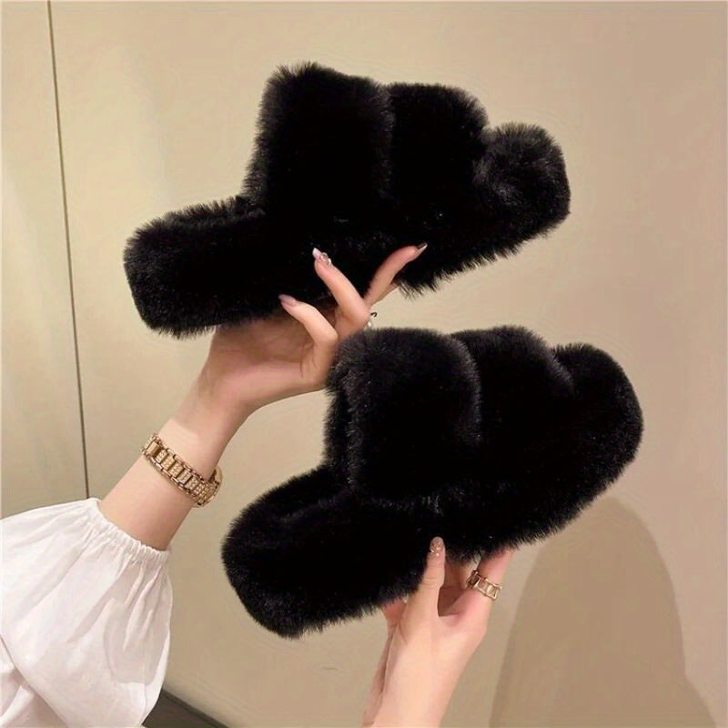 Fuzzy Open Toe Slippers Double Strap Casual Slip On Shoes