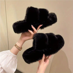 Fuzzy Open Toe Slippers Double Strap Casual Slip On Shoes