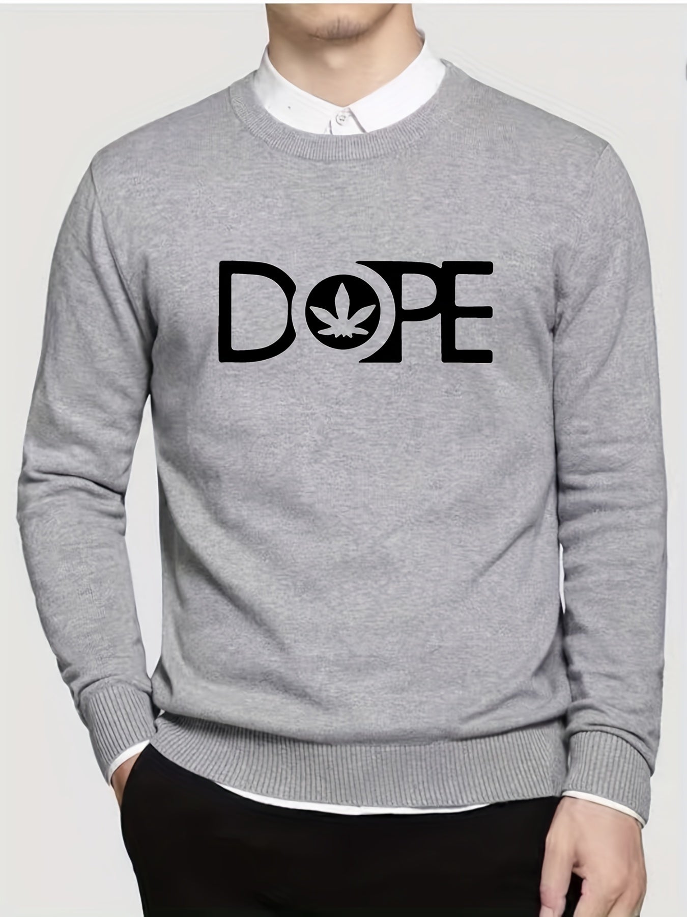 Men's Leaf & Letter Print Knitted Sweater Stretch Long Sleeve Top
