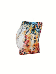 Flower & Cow Skull Print Skinny Shorts Elastic Waist Summer Clothing