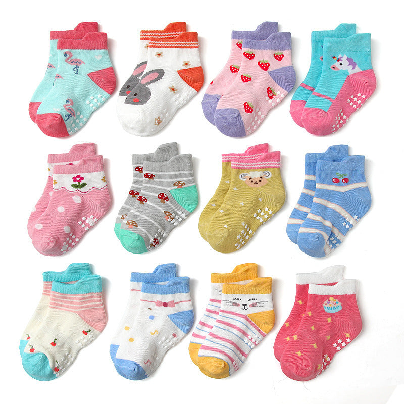 12pairs Kids Anti-skid Socks Cartoon Animal Pattern Toddlers Ankle Socks