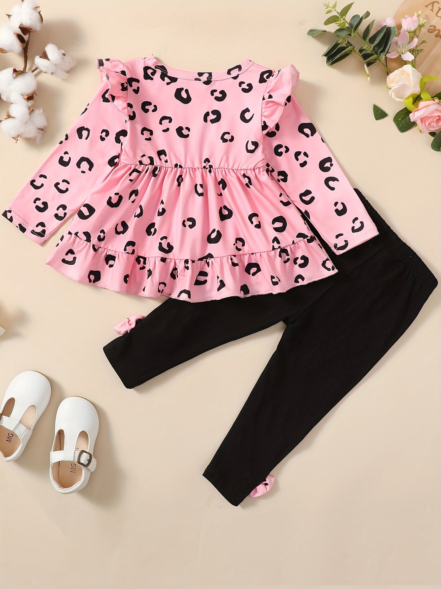 Girls Ruffle Top & Waist Pants 2pcs Leopard Print Bow Kids Clothes