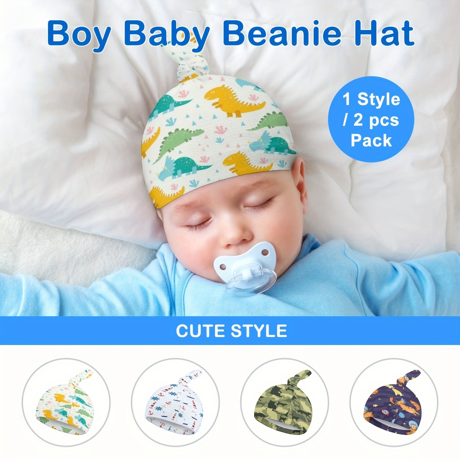 2pcs Baby Dinosaur Print Beanie Cap Soft Knotted Hat For Summer