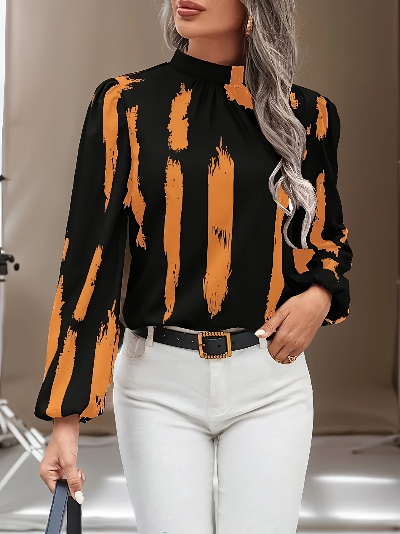 Brush Print Lantern Sleeve Blouse Plus Size