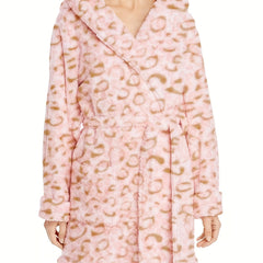 Leopard Pattern Hooded Flannel Robe with Pockets