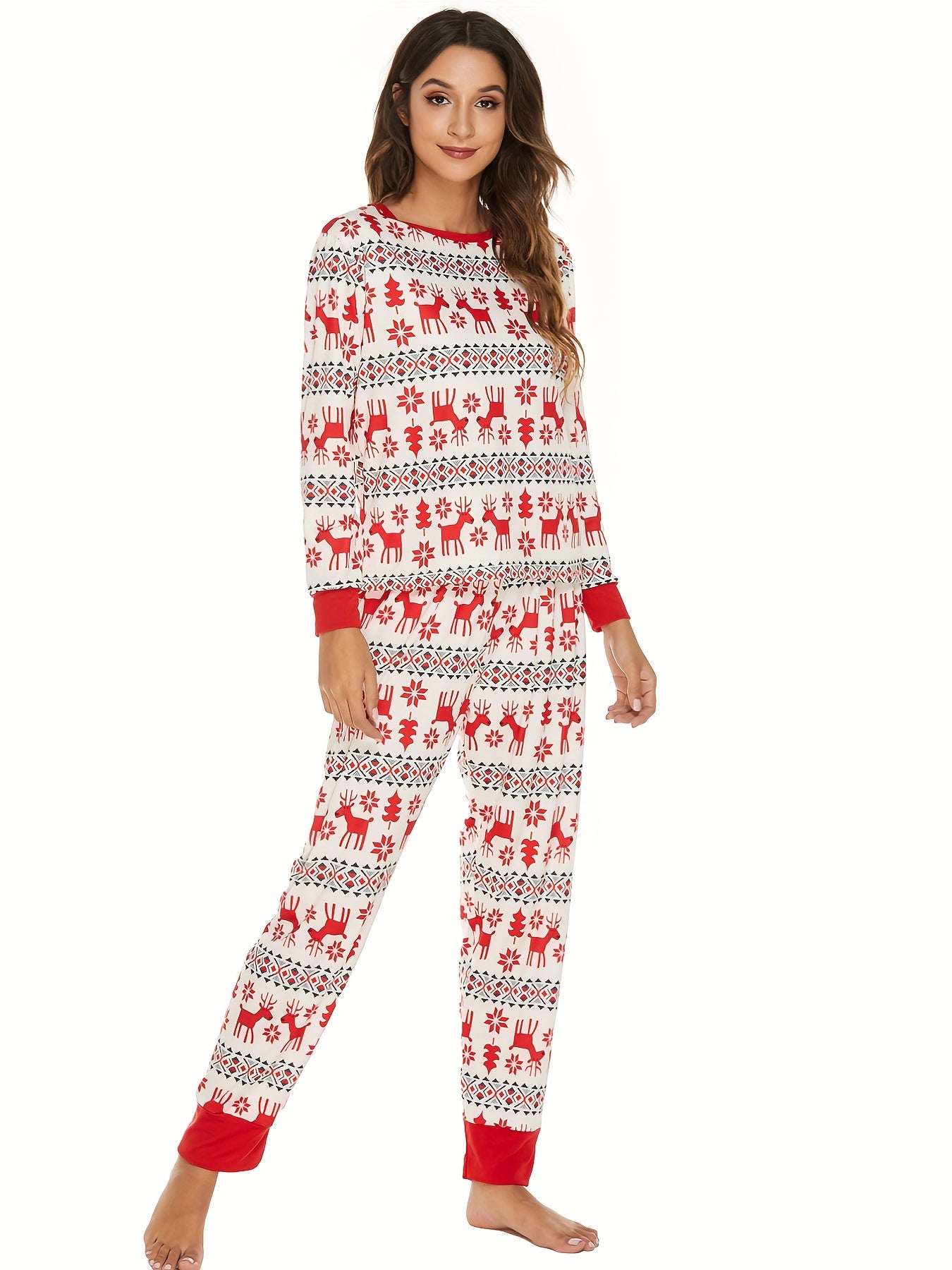 Christmas Elk Print Lounge Set Long Sleeve Top & Pants Women's Loungewear