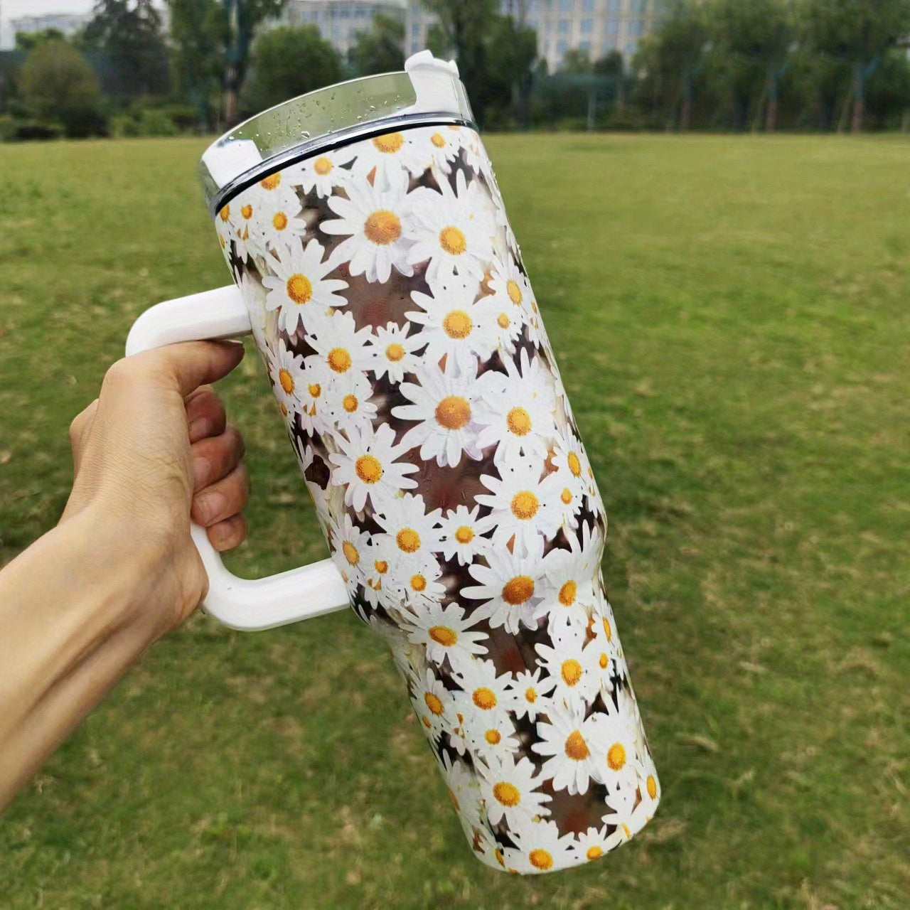 Insulated Stainless Steel Drink Cup with Handle and Straw Sunflower Daisy