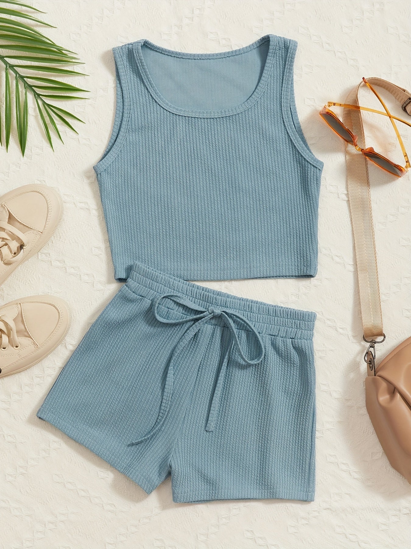 Girl's Ribbed Tank Top & Shorts Set Solid Casual Outfits for Summer