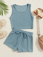 Girl's Ribbed Tank Top & Shorts Set Solid Casual Outfits for Summer