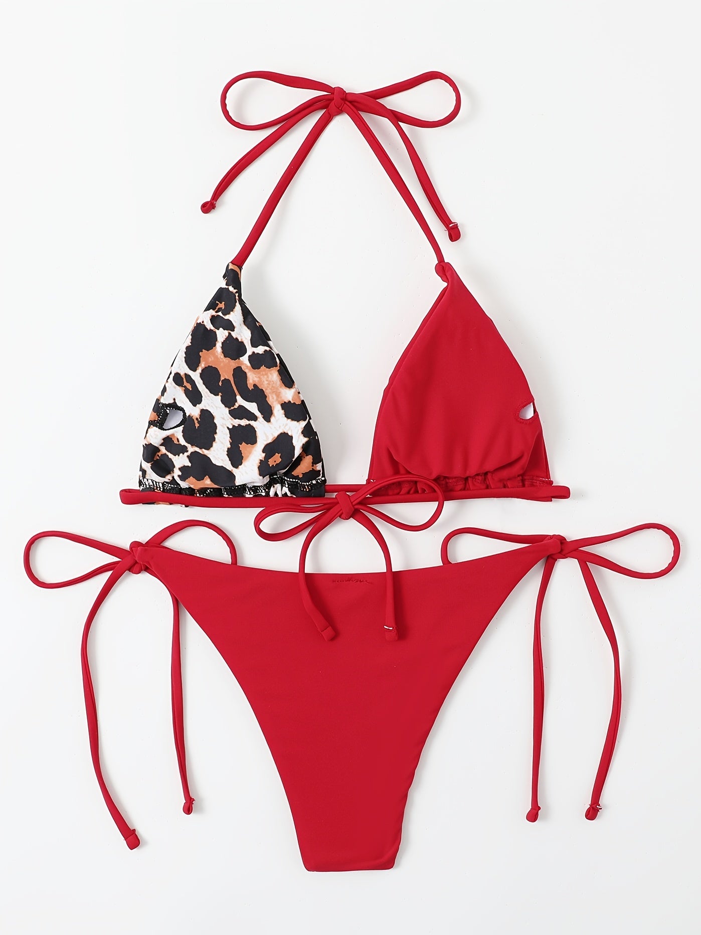 Leopard & Plain Triangle Halter Neck Two Piece Bikini Set