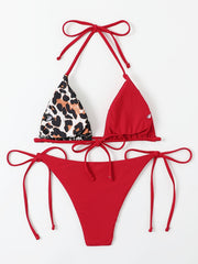 Leopard & Plain Triangle Halter Neck Two Piece Bikini Set