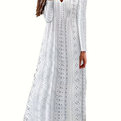Embroidered Long Sleeve Notched Neck Dress