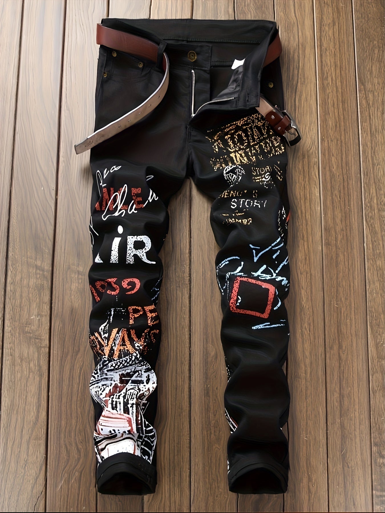 Graffiti Pattern Slim Fit Jeans Mens Casual Slightly Stretch Denim Pants