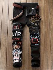 Graffiti Pattern Slim Fit Jeans Mens Casual Slightly Stretch Denim Pants