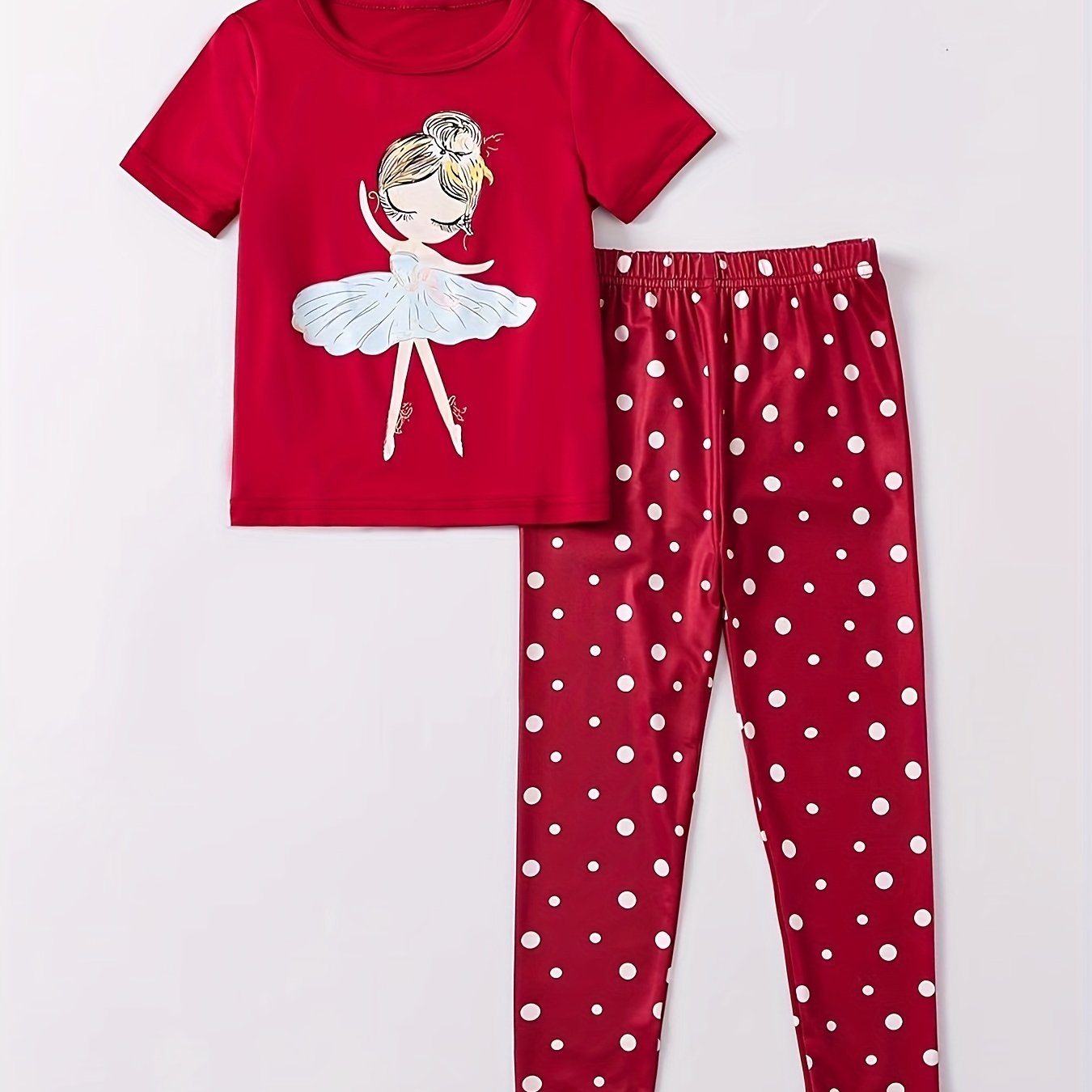 Ballet Girl Print 2pcs Pajamas Set Polka Dots Loungewear Comfy PJ Girl's Clothes
