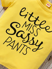 2pcs Toddler Girls LITTLE MISS SASSY Ruffle Trim T Shirt & Sunflower Pants Set