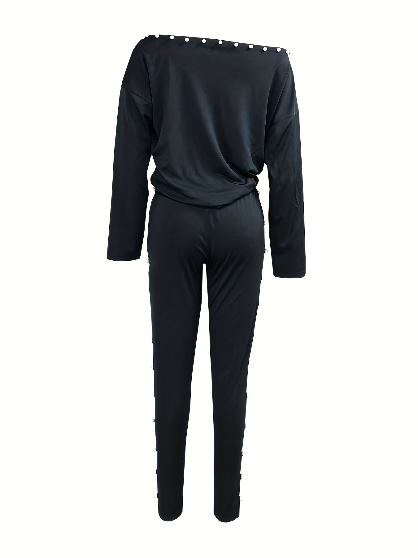 Beaded Two-piece Set Slanted Shoulder Long Sleeve Tops & Pants