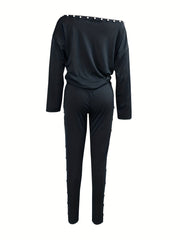 Beaded Two-piece Set Slanted Shoulder Long Sleeve Tops & Pants