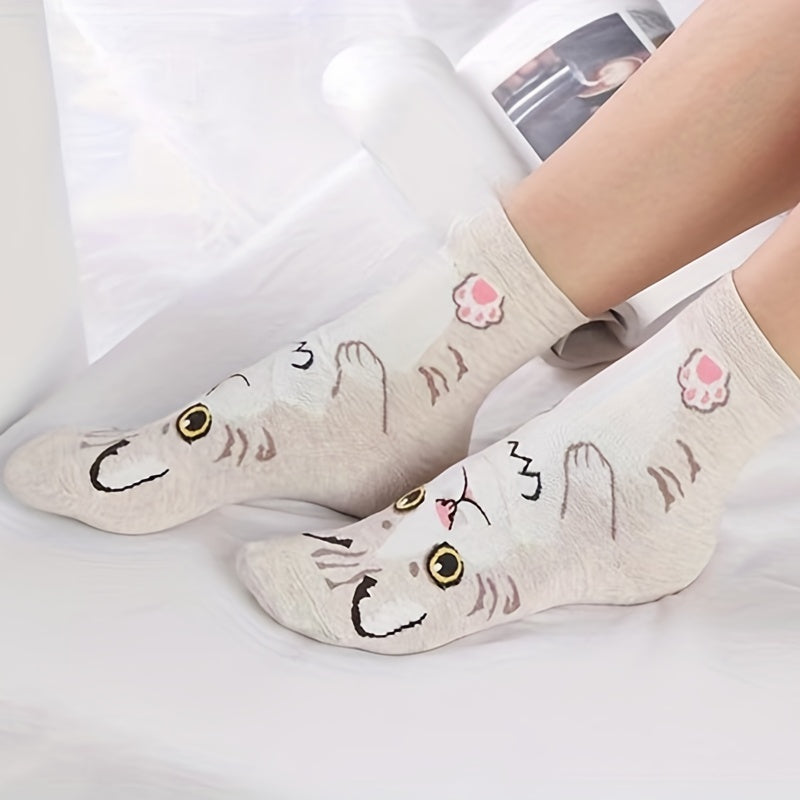 5 Pairs Cartoon Cat Print Socks Women's Stockings & Hosiery