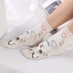 5 Pairs Cartoon Cat Print Socks Women's Stockings & Hosiery