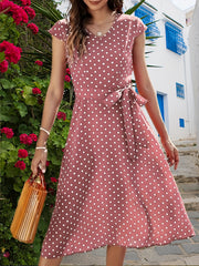 Polka Dot Print Dress Casual V Neck Short Sleeve Midi Dress