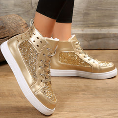 High Top Glitter Skate Shoes Sequins Decor Faux Leather Sneakers
