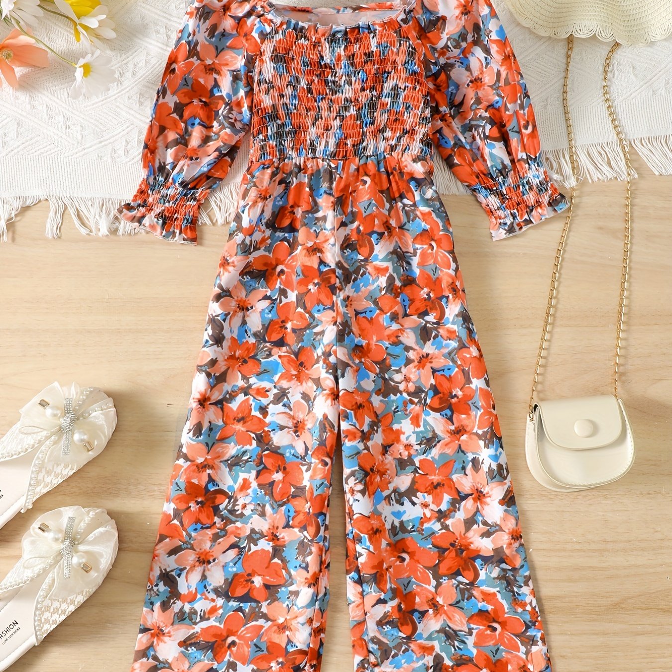 Girls Floral Print Square Neck Long Sleeve Jumpsuit