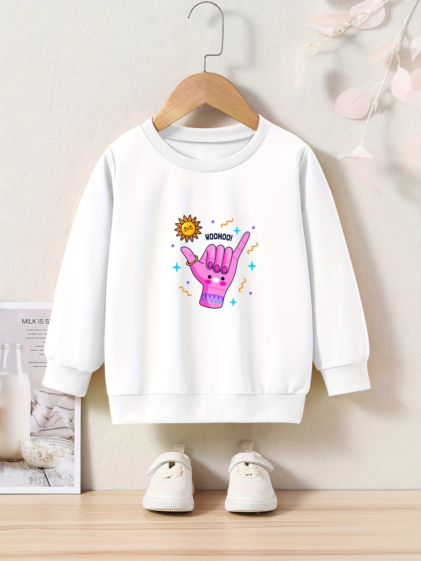 Cartoon Hand Print Girls Casual Pullover Sweatshirt