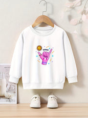 Cartoon Hand Print Girls Casual Pullover Sweatshirt