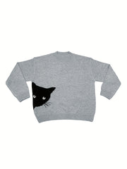 Cat Print Casual Sweater Round Neck Jumper